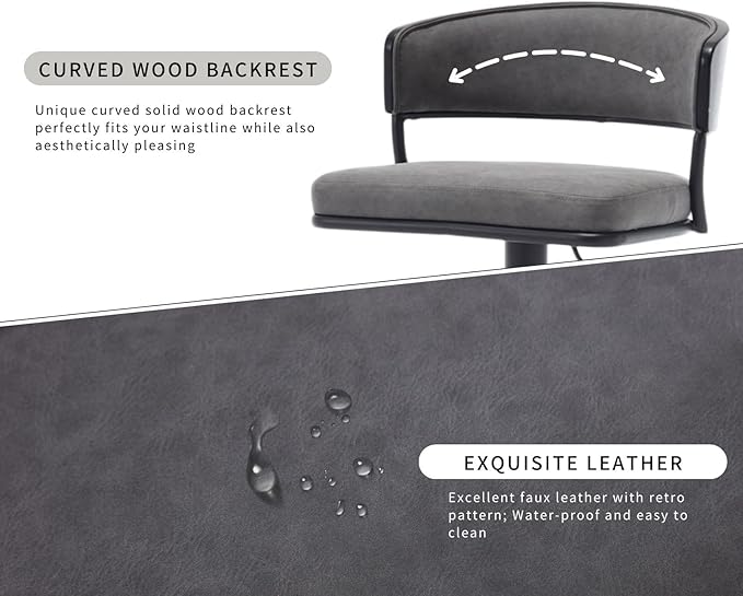 Adjustable Modern Bar Stools Set of 6 Faux Leather Barstools Swivel Counter Height Bar stools with Curved Back/Black Metal Base Comfy Upholstered Bar Chairs for Kitchen Island, Grey