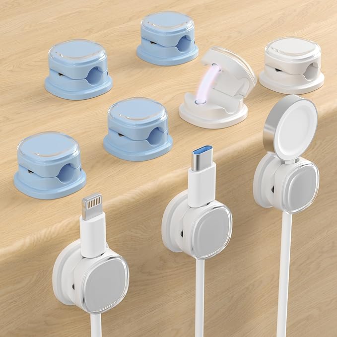 Magnetic Cable Clips, Adjustable Cord Holder Management, Adhesive Wire Keeper Organizer for Home Office Desk Phone PC Car Wall Desktop Nightstand Appliance (9-PCS White & Blue)