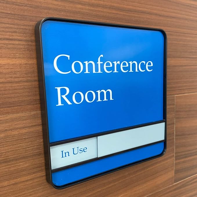 NapTags Conference Room Slider Signs (Sapphire Blue - Black Frame, 6" x 6")