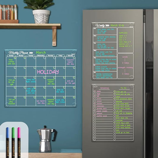 Clear Non-Magnetic Calendar Set for Fridge - Dry Erase Transparent Monthly, Weekly Calendar and List Board - Sticks to Wall, Glass, Door, Any Smooth Surfaces