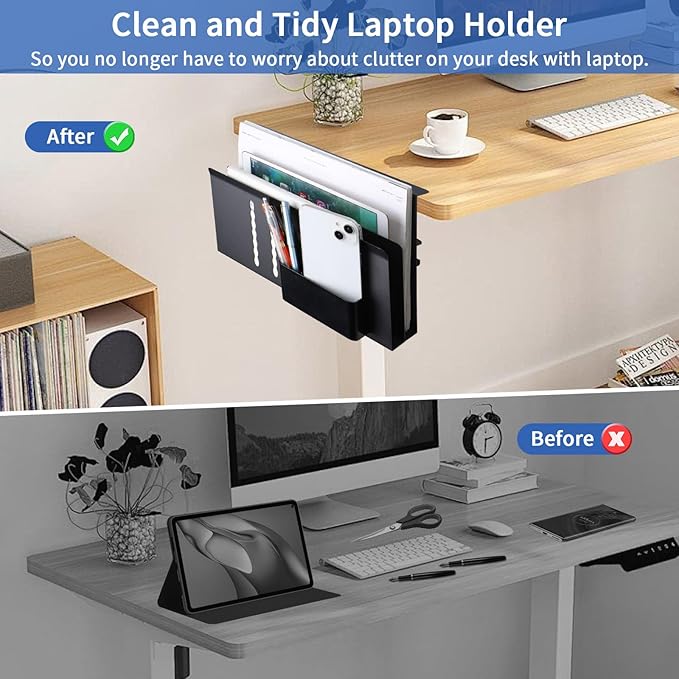 LUKETURE Desk Side Storage, 2 Tier Steel Hanging Organizer, No Drill Side Desk Organizer, Laptop Holder, with Pen Holder, Hanging Table Storage for Office Home, Fits Flat Edge Tables 0.3" to 2.8"