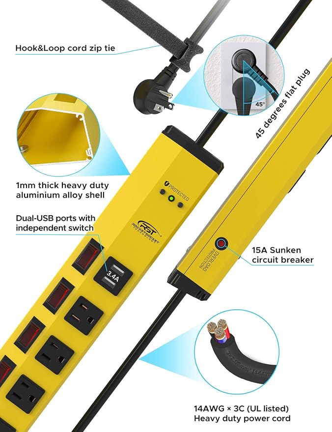 CRST 6-Outlet Heavy Duty Power Strip with USB and Individual Switches, 1200 Joules Metal Mountable Surge Protector Power Strip 15A Circuit Breaker, 6FT Extension Cord for Garage, Workshop, Home