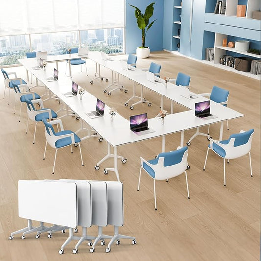 4Pack Folding Conference Room Table, Modern Conference Tables with Silent Wheels, Large Rectangular Mobile Training Tables for Office Classroom, Foldable Modular Seminar Table White (L70.9in)