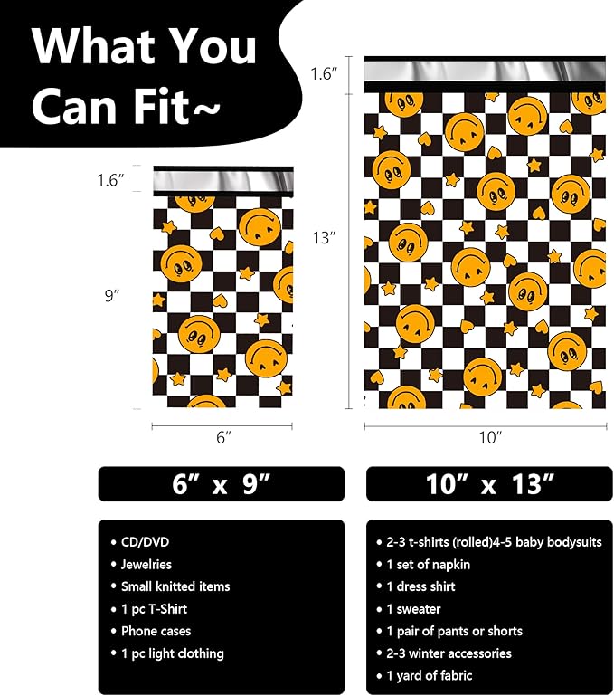 Poly Mailers 6x9 Inch 100 Pcs - Smiles Checkerboard Printed Shipping Bags, 2.4mil Thickness, Waterproof and Tear Resistant Mailing Envelopes, Self-Sealing Packaging Bags for Small Business