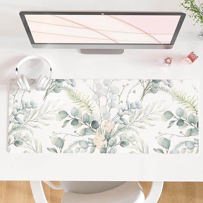 QIYI Large Mouse Pad for Desk, Cute Desk Mat for Desktop, Women Girls Green Office Décor Desk Accessories, PU Leather Waterproof Gaming Mousepad, Eucalyptus Leaf Desk Pad Computer Mat, 31.5" x 11.8"