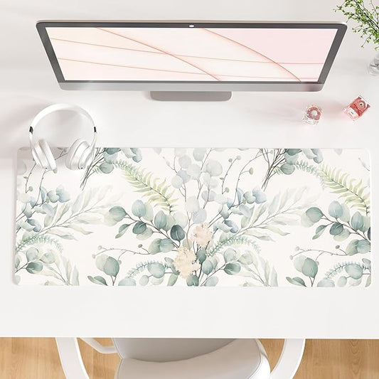 QIYI Large Mouse Pad for Desk, Cute Desk Mat for Desktop, Women Girls Green Office Décor Desk Accessories, PU Leather Waterproof Gaming Mousepad, Eucalyptus Leaf Desk Pad Computer Mat, 31.5" x 11.8"