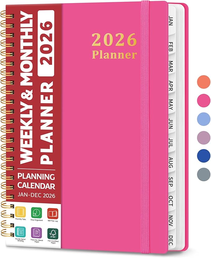 2026 Planner, Weekly and Monthly Calendar Planner, January 2026 - December 2026, Hardcover 2026 Calendar Planner Book with Tabs For Women & Men, Inner Pocket, Spiral Bound, Perfect for Office Home School Supplies - A5 (6.3" x 8.5"), Berry Pink