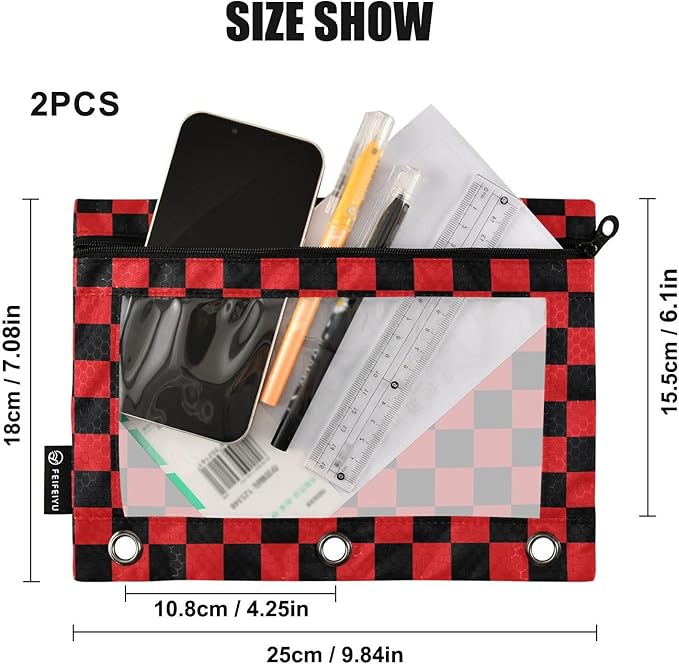 ALAZA Pencil Pouch for 3 Ring Binder, Red Black Checkered Plaid Binder Pencil Pouches with Clear Window Zipper Pencil Case Cosmetic Bags for Office College Supplies, 2PCS
