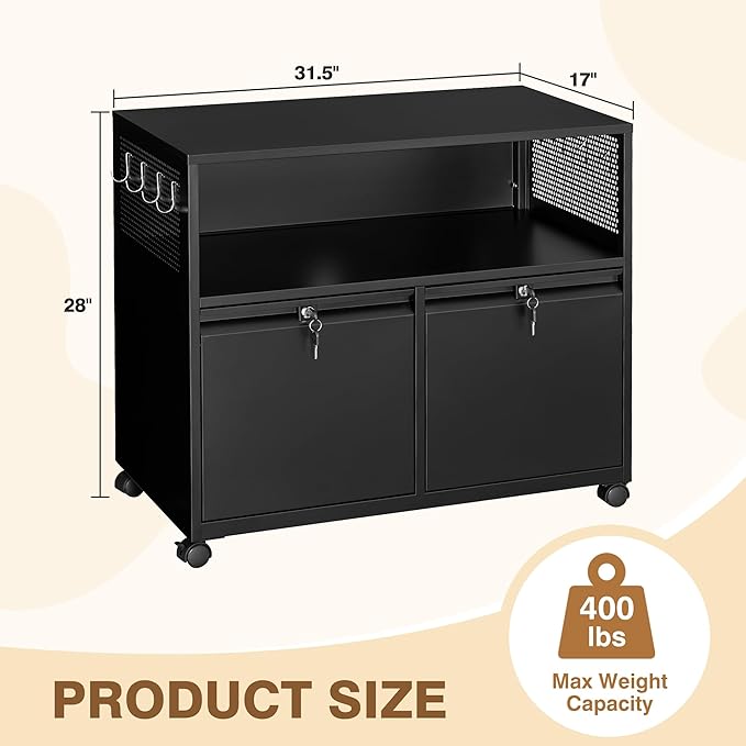 Mobile Filing Cabinet with Lock,Metal Lateral File cabinets Printer Stand with Storage Cabinets for Home Office,A4/F4/Letter (Black)