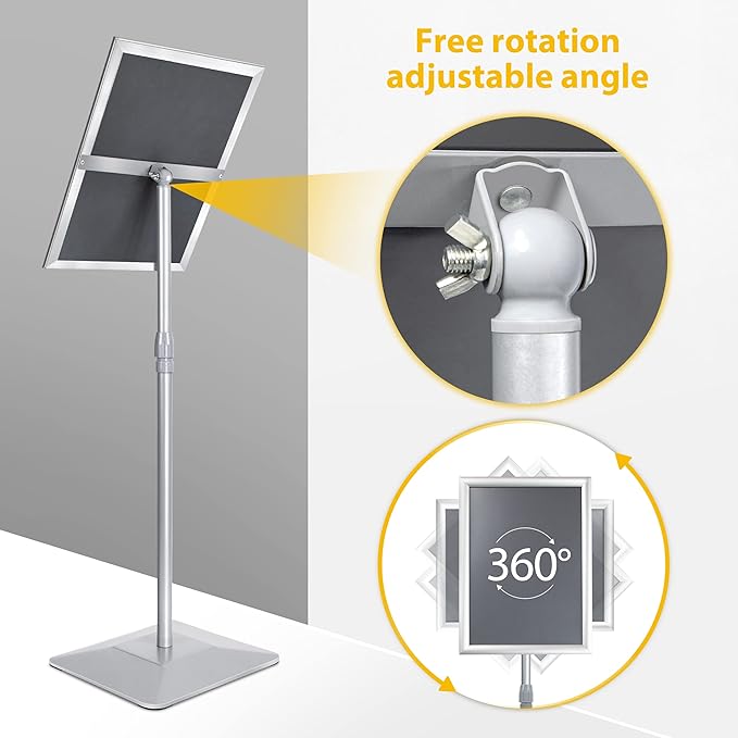 11"x17" Pedestal Poster Sign Holder Stand with Heavy Duty Solid Steel Base, Adjustable Sign Holder Standing Floor Sign Stand for Office/Store/School/Church/Public Sign Displayed Stands, Silver