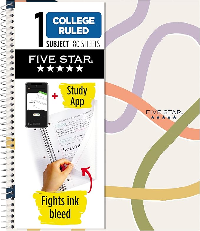 Five Star Spiral Notebook + Study App, 1 Subject, College Ruled, 8-1/2" x 11", 80 Sheets, Fights Ink Bleed, Water Resistant Covers, Organic Lines (820233F)