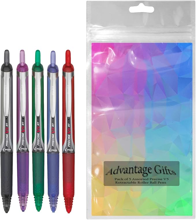 Precise V5 RT Retractable Rolling Ball Pens, Extra Fine Point (.5mm), Assorted Colors Black/Blue/Red/Green/Purple Ink, 5-pk; Premium Comfort Grip, Bundle with Plastic Reusable Pouch
