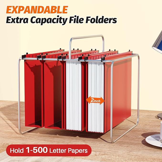 Extra Capacity Plastic Hanging File Folders,12 Pack Reinforced Hang Folders,Heavy Duty 2 Inch Expansion,Plastic Filing Cabinet Folders,Letter Size,for Bulk Files, Medical Charts,Red