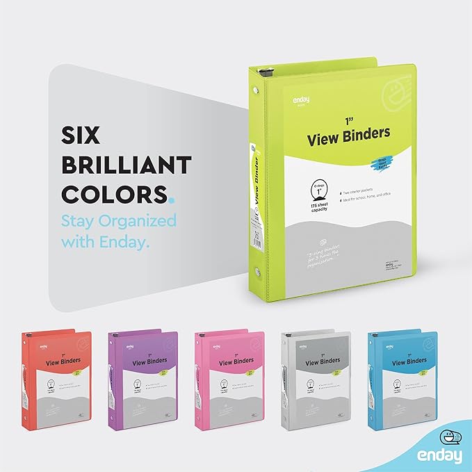 3 Ring Binder Green, 1 Inch, 1” Clear View Cover with 2 Inside Pockets Round Ring Binder, Colored School Supplies Binders, Also Available in Pink, Blue, Purple, Grey, and Red (24 PC) – by Enday