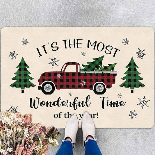 Merry Christmas Buffalo Plaid Truck Doormat Welcome Tree Mat Non Slip Holiday Xmas Front Door Mat for Entrance Indoor Home Bathroom Floor Decoration, 18" x 30"Inch