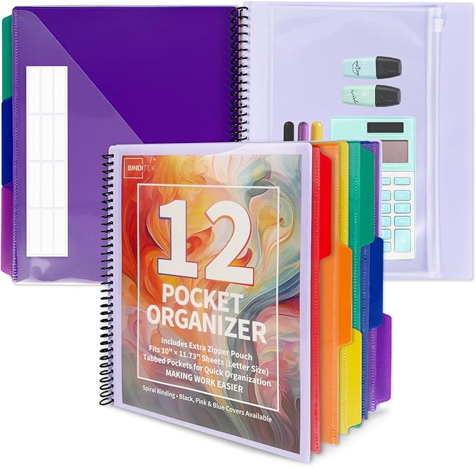 Binditek 12-Pocket Poly Project Organizer, Heavy-Duty Poly Cover, Clear Front Pocket, 6-Color Dividers with 1/3-Cut Tabs, Fixed Zipper Pouch, Letter-Size, Blue