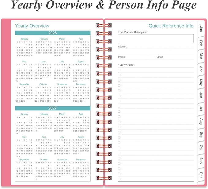 2026 Pocket Planner/Calendar - 2026 Planner from January 2026 - December 2026, Planner 2026 with 12 Tabs, Twin-Wire Binding, Inner Pocket, 3.75" x 6.75, Pink