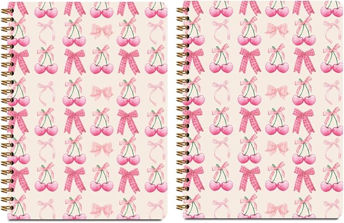 2 PCs Pink Bow Cherry Spiral Notebook Trendy Preppy Journaling Notebooks Cute Coquette Gifts for Women Teen Girls Note Books Journals for Writing Hardcover Notebook Office Classroom Supplies