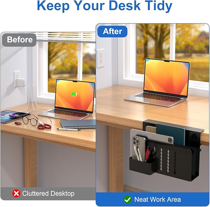 HAMOPY Desk Side Storage, 2 Tier Steel Hanging Desk Organizer with Magnetic Pen Holder, No Drilling Standing Desk Drawer Cable Management Tray, Under Desk Laptop Holder for Office, School&Home (Black)