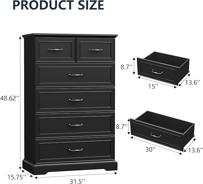 6 Drawer Dresser for Bedroom, 49" Tall Wooden Chest of Drawers, Rustic Farmhouse Dresser with Large Drawers & Metal Handles, Modern Storage Organizer for Closet, Living Room, Hallway, Black