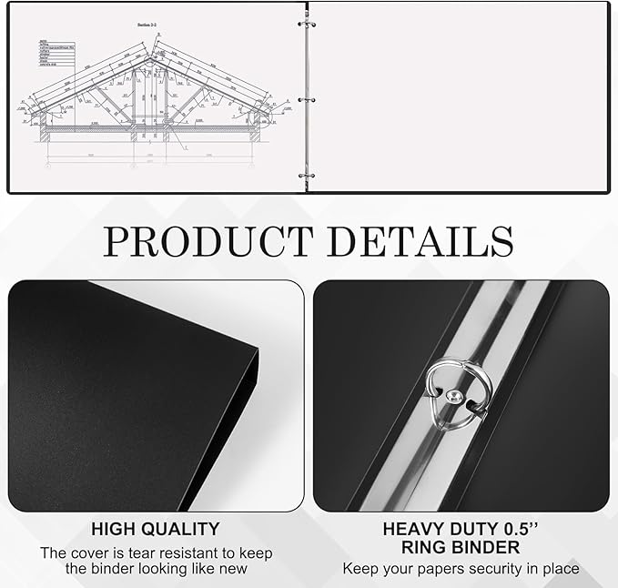 6 Pcs 11 x 17 3 Ring Binders Black 11" x 17" Round Ring Binders Large Folder for Pressboard Presentation, Reports, Proposals, Documents(0.5 Inch)