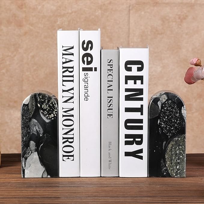 Koville Luxury Marble Bookends for Shelves, Decorative Stone Book Ends, 7lbs Heavy-Duty Marble Book Holders, Bookshelf Apartment Decor for Normal Books/CD/Video Games