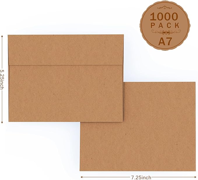 A7 Brown Kraft Envelopes Self Seal for Invitations 1000 Pack, 120 GSM Goefun 5x7 Mailing Envelopes Printable for Weddings, RSVP, Birthday, Photos, Documents and DIY Cards