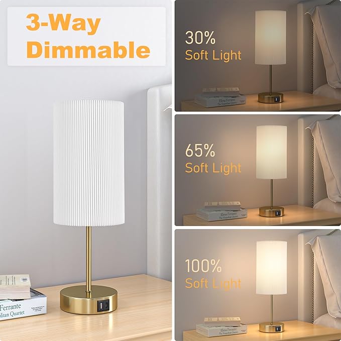 AKASUKI Table Lamp for Bedroom, 3 Way Dimmable Touch Lamp with Dual Charging Station, Small Bedside Lamps for Night Stands, Living Room, Office(LED Bulb Included)