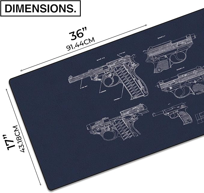 MPCO. Blueprints Large Gaming Desk Pad - 36" x 17" Duraglyde Fabric Pistol 38 – Blue Desk Mats - Non-Slip, Washable, Smooth Glide for Precision Gaming & Work