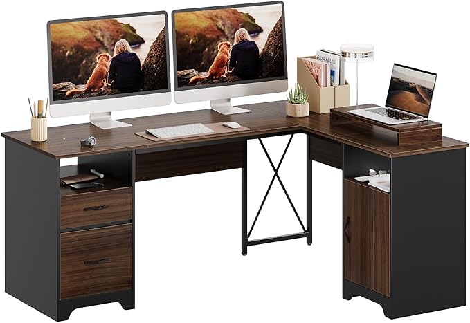 Bestier L Shaped Desk with File Drawers, 63" x 47" Office Computer Desk with Storage Cabinet, Corner Desk with Monitor Stand & Modesty Panel for Home Office, Cherry