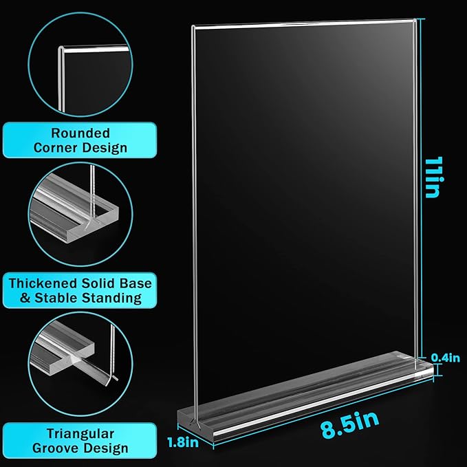 Argvey 8 Pack Acrylic Sign Holder 8.5 x 11 Vertical, Clear T Shape Table Menu Display Stand, Multi-function Plastic Double-Sided Paper Picture Frames Flyer Document Holder for Displaying