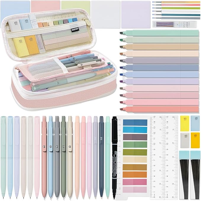 52 PCS Aesthetic School Supplies with Highlighters, Mechanical Pencils, Color Ink Gel pens, Pencil Case, Bible Study Supplies, Pens Pencils and Highlighters Set, Stationary Set for Student