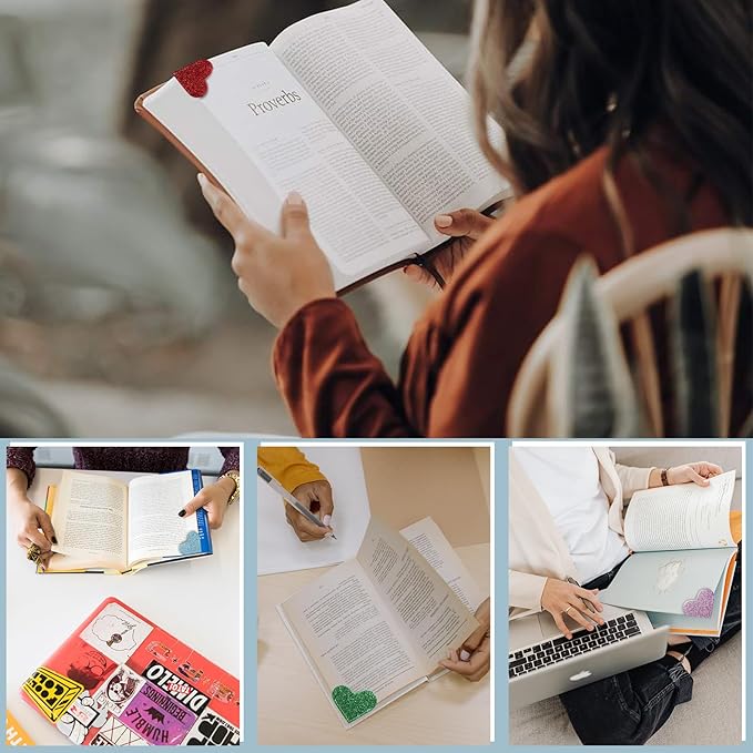 Leather Heart Bookmarks - Winjeto 6 Pieces Cute Corner Page Book Marks for Teachers Students Book Reading Lovers, for School Office Home Supplies (Glitter（6pcs）)