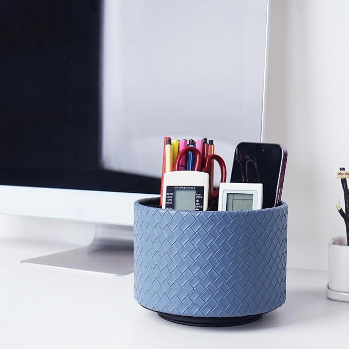 Hennaja Round Leather Art Supply Organizer,Remote Control Holder,360 Degree Spinning,Multi-Functional Pencil Holder,4 Compartments Desktop Stationary Organizer(1-Weave Blue)