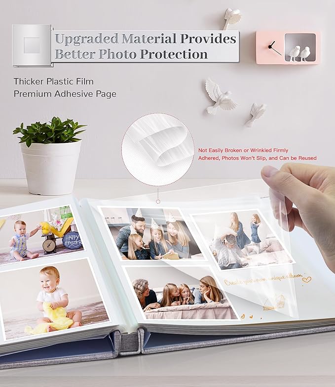 Photo Album Self Adhesive Scrapbook Album for 3x5 4x6 5x7 8x10 Pictures,40 Pages Linen Cover with Display Window DIY Photo Book,Ideal Gifts for Family Travel Wedding Baby