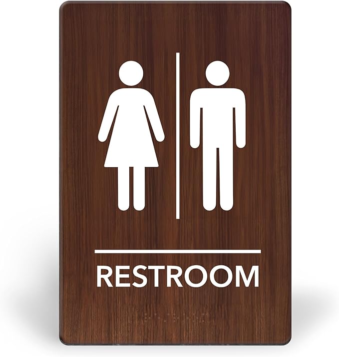 Promot Unisex Bathroom Sign – ADA Braille Restroom Sign for Business, Self-Adhesive, 9" x 6", Commercial Door Signage, Office Wall Decor - Walnut