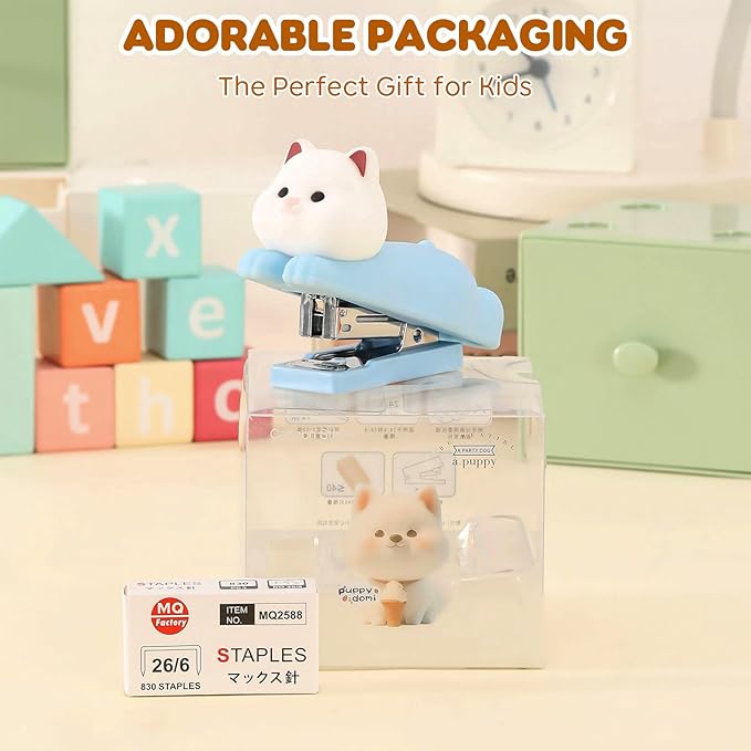 Honagu Mini Cute Animal Stapler with Staples, Cartoon Stereoscopic Silicone (PVC) Stapler, Labor-Saving Office Supplies for Students Kids (Blue Puppy)