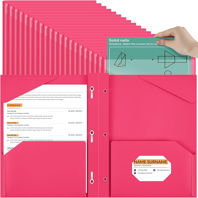 Henoyso 72 Pcs Plastic Folder with Clear Front Pocket and 3 Prong Plastic Folders with Card Slot Pocket Folders with Prongs for School Office (Rose Pink)