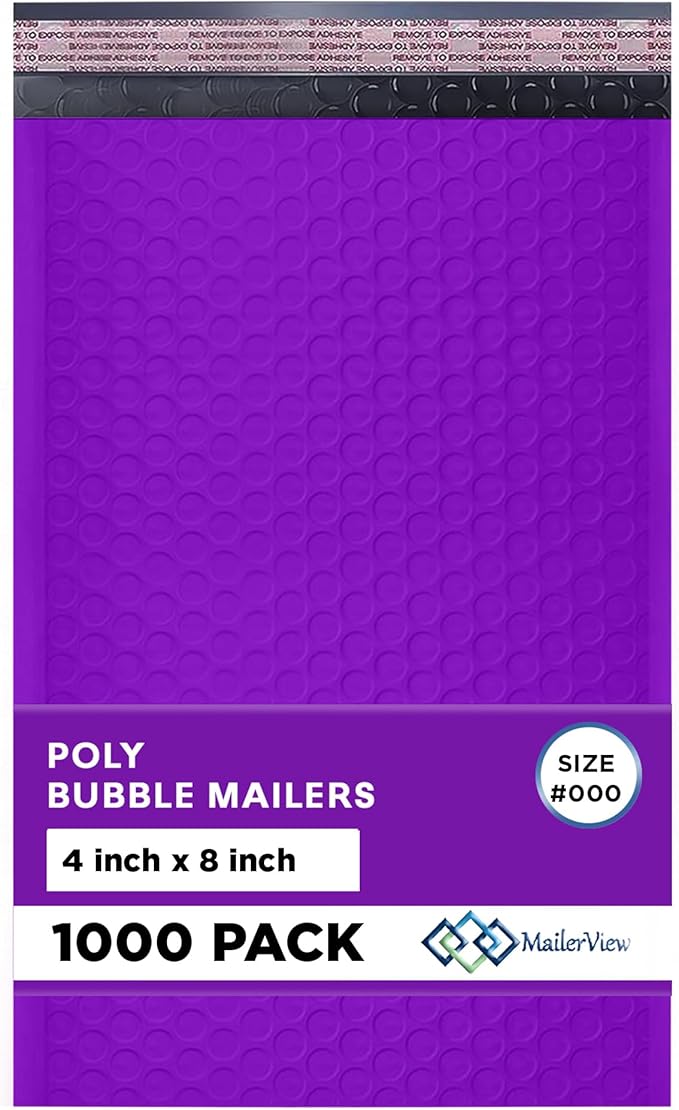 Purple Small Bubble Mailers 4x8 Inch #000 | Thick Padded Poly Bubble Mailer Envelopes | 1000 Pack Bulk | Trading Card Sports Card Shipping