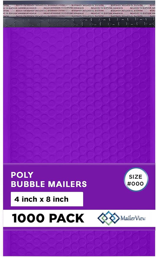 Purple Small Bubble Mailers 4x8 Inch #000 | Thick Padded Poly Bubble Mailer Envelopes | 1000 Pack Bulk | Trading Card Sports Card Shipping