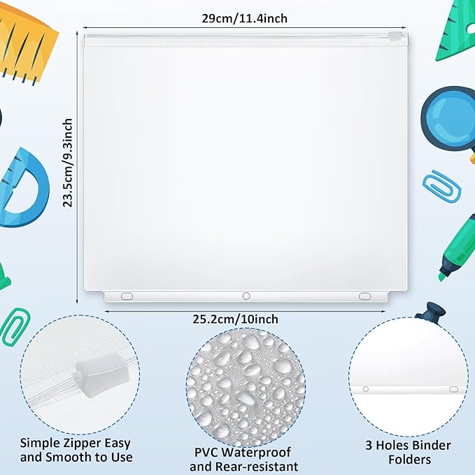 40 Pieces Binder Pockets 3 Hole Zipper Pouch 3 Ring A4 Pockets with Zipper Binder Folders Plastic Pouches Loose Leaf Bags Waterproof PVC Document Filing Bag(Clear,A4)