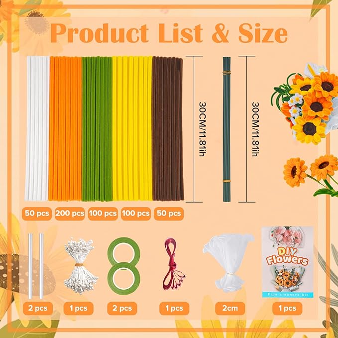 500 PCS Pipe Cleaners Craft Kit for Flower Making Sunflower DIY Material Bundle with 20 Stems, 100 Stamens, Ribbon, Tulle, Glue Sticks & Step-by-Step Guide Vibrant Colors, Non Shedding, FadeResistant