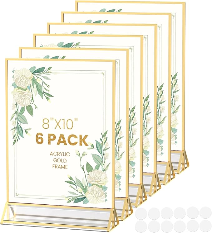 Gold Frames 8X10 Acrylic Sign Holder Double-Sided Picture Frames for Menu, Wedding Table Number, Christmas Photos With Removable Round Stickers - 6 Pack