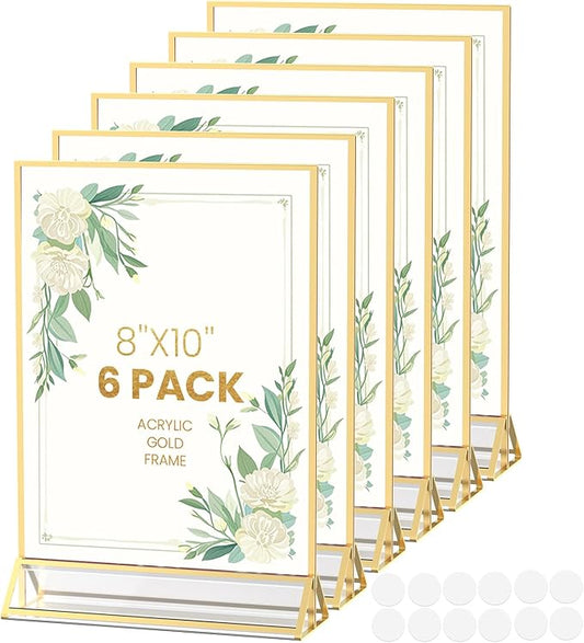 Gold Frames 8X10 Acrylic Sign Holder Double-Sided Picture Frames for Menu, Wedding Table Number, Christmas Photos With Removable Round Stickers - 6 Pack