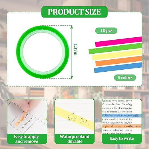 10 Rolls Highlighter Tapes, Colored Transparent Marking Sticker, Removable Fluorescent Neon Tape for Students Teachers Reading Taking Notes at Class Home Office