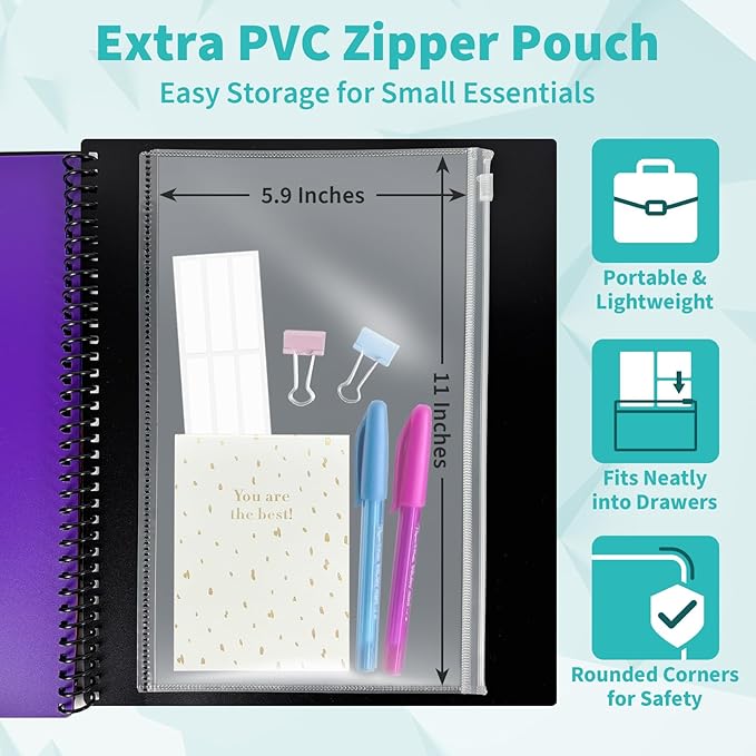 Binditek 12-Pocket Poly Project Organizer, Heavy-Duty Poly Cover, Clear Front Pocket, 6-Color Dividers with 1/3-Cut Tabs, Fixed Zipper Pouch, Letter-Size, Black
