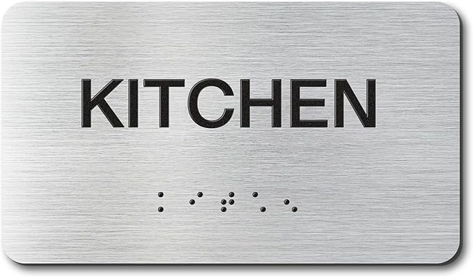 KITCHEN Signs with Raised Text & Grade 2 Braille, Brushed Aluminum/Silver Finish Easy Install with Double-Sided Tape, ADA Compliant Meeting Room Door Sign for Businesses & Offices