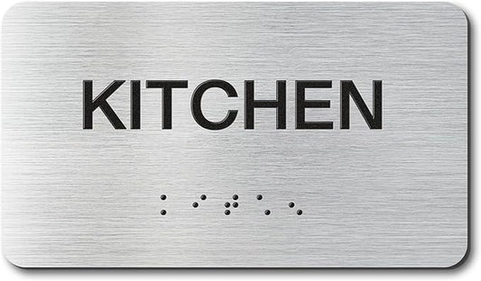 KITCHEN Signs with Raised Text & Grade 2 Braille, Brushed Aluminum/Silver Finish Easy Install with Double-Sided Tape, ADA Compliant Meeting Room Door Sign for Businesses & Offices