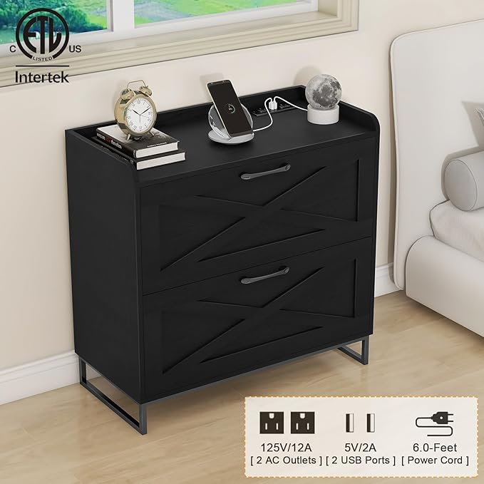 Lateral File Cabinet with Charging Station, 2 Drawer File Cabinet for Letter/Legal/A4 Size Hanging Files, Large Wood File Storage Cabinets Printer Stand for Home Office, Black