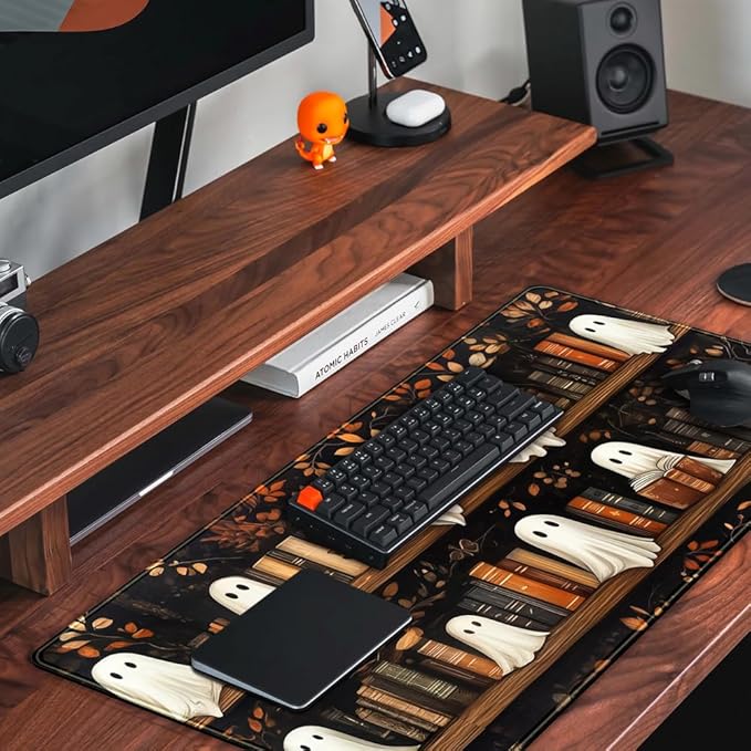 Cute Ghost Desk Mat Bookish Desk Pad XXL Mouse Keyboard Pad, Dark Academia Desk Pad Medieval Flower XXL Mousepad Extended Laptop Computer Keyboard Mat with Stitched Edges Funny Deskpad 31.5x15.7 in